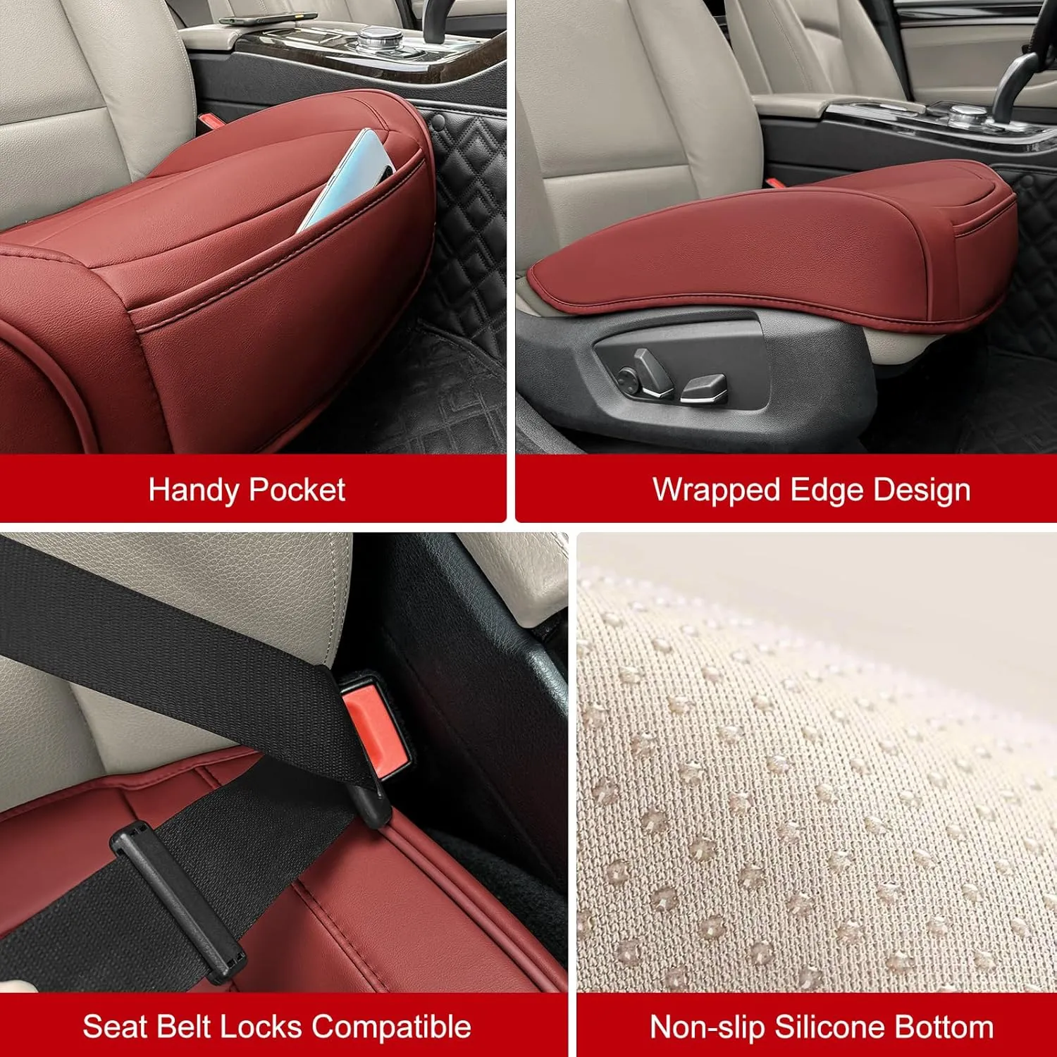 Car Seat Cover for Luxury & Comfort - PU Leather, Anti-Slip, Full Wrap Protection with Storage Pocket for Bottom Cushion - Universal Fit for 95% of Vehicles (Dull-red,2 Piece)