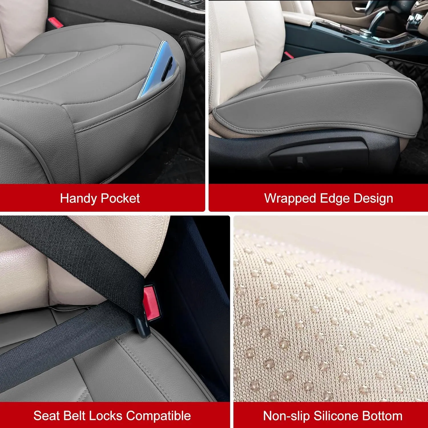 Car Seat Cover for Luxury & Comfort - PU Leather, Anti-Slip, Full Wrap Protection with Storage Pocket for Bottom Cushion - Universal Fit for 95% of Vehicles (Gray,1 Piece)
