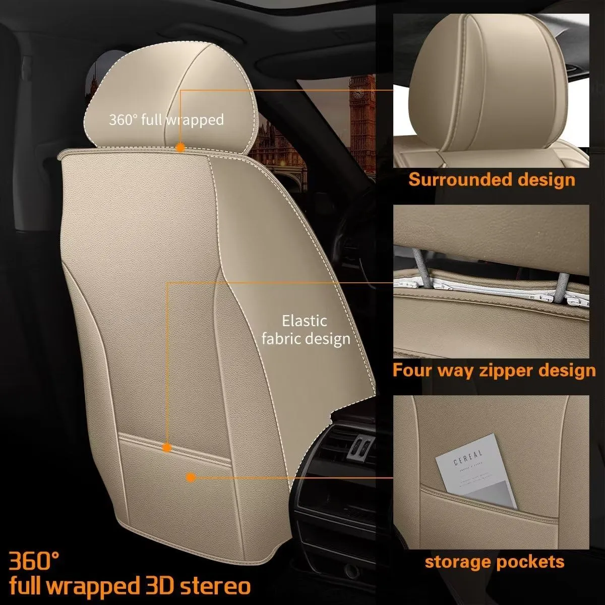 Car Seat Covers Full Set Fit for Ford Edge 2007-2023 2024 2025 Faux Leather Edge Seat Covers Waterproof Automotive Cushion Protector Compatible Airbag (5 Seats & Beige)