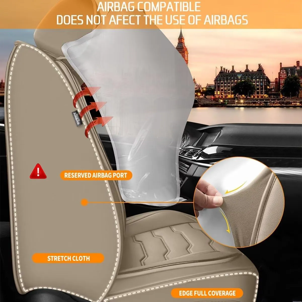 Car Seat Covers Full Set Fit for Ford Edge 2007-2023 2024 2025 Faux Leather Edge Seat Covers Waterproof Automotive Cushion Protector Compatible Airbag (5 Seats & Beige)