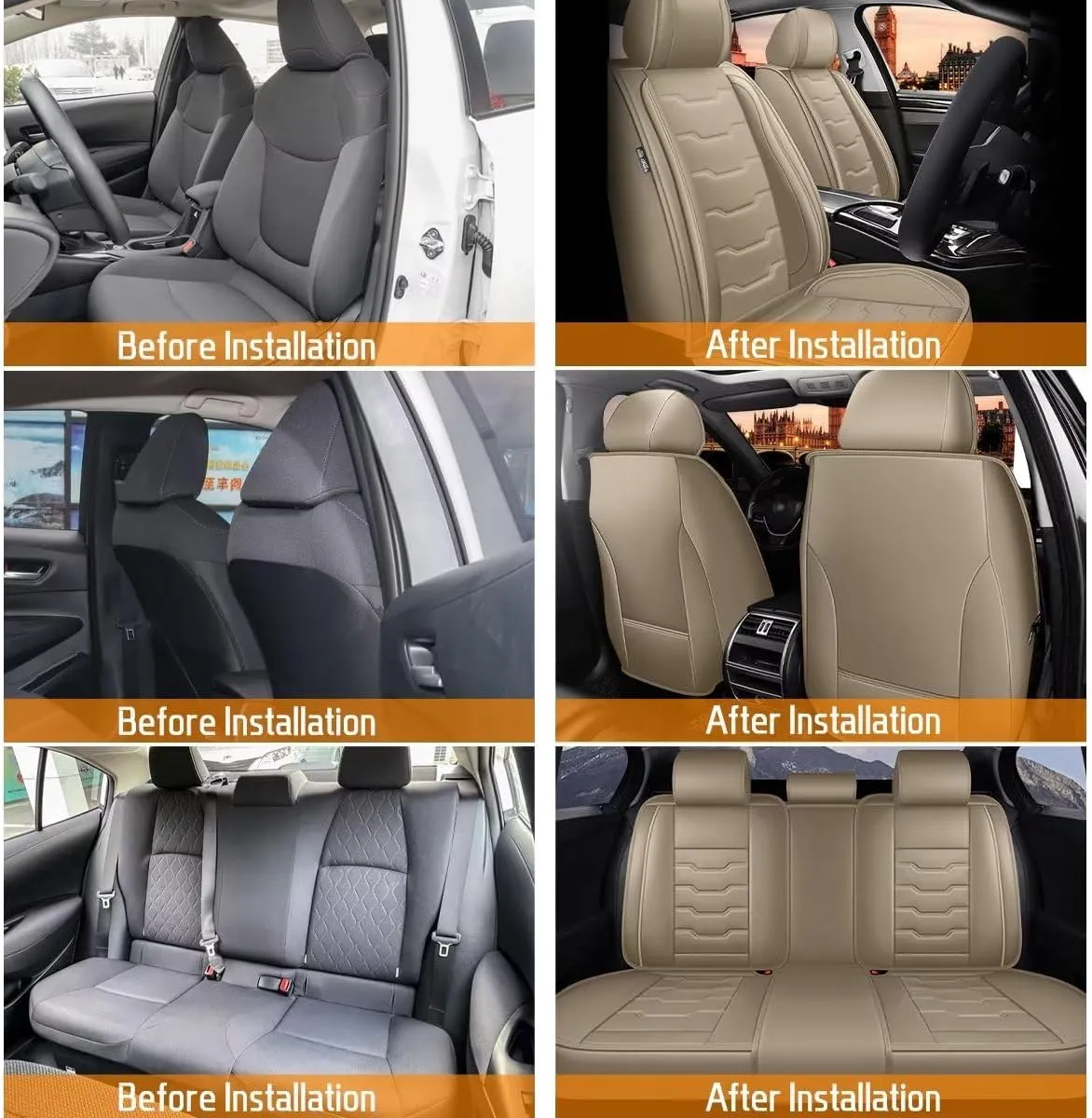 Car Seat Covers Full Set Fit for Ford Edge 2007-2023 2024 2025 Faux Leather Edge Seat Covers Waterproof Automotive Cushion Protector Compatible Airbag (5 Seats & Beige)