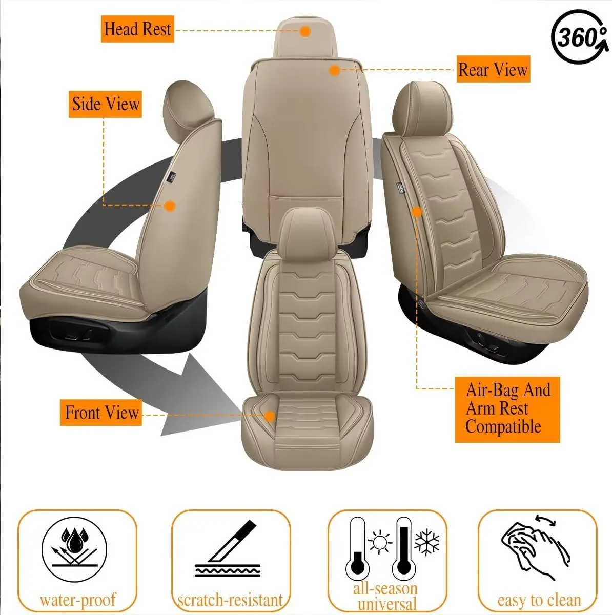 Car Seat Covers Full Set Fit for Ford Edge 2007-2023 2024 2025 Faux Leather Edge Seat Covers Waterproof Automotive Cushion Protector Compatible Airbag (5 Seats & Beige)