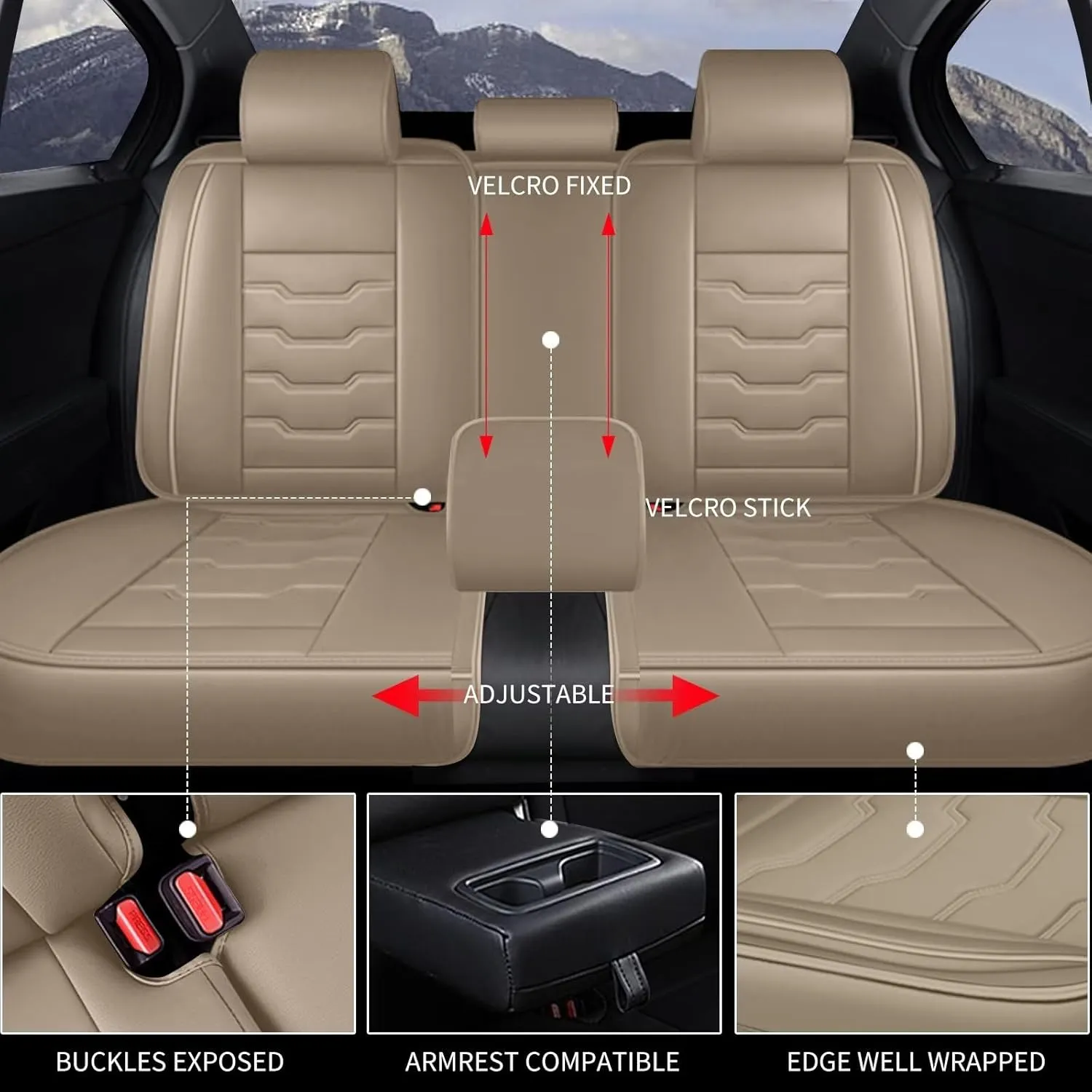 Car Seat Covers Full Set Fit for Ford Edge 2007-2023 2024 2025 Faux Leather Edge Seat Covers Waterproof Automotive Cushion Protector Compatible Airbag (5 Seats & Beige)