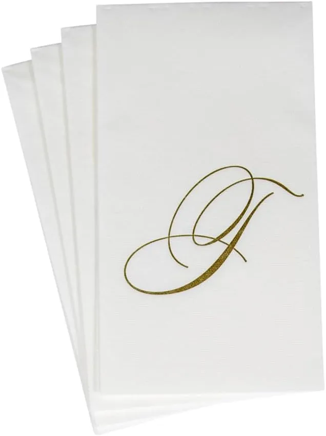 Caspari White Pearl Paper Linen Guest Towels, Monogram Initial T, Pack of 24