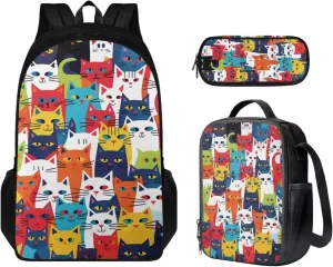 Cat Print Backpack for Teens Girls Grades 4 to 8 Large Capacity Bookbag for Girl Waterproof and Oil Proof Lunch Bag for Teen for Middle School High School