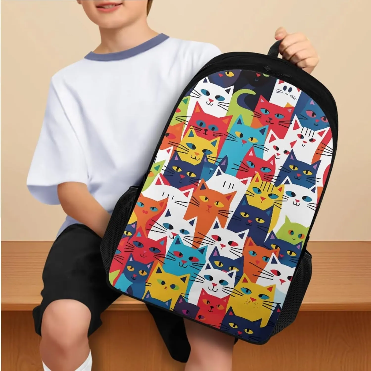 Cat Print Backpack for Teens Girls Grades 4 to 8 Large Capacity Bookbag for Girl Waterproof and Oil Proof Lunch Bag for Teen for Middle School High School