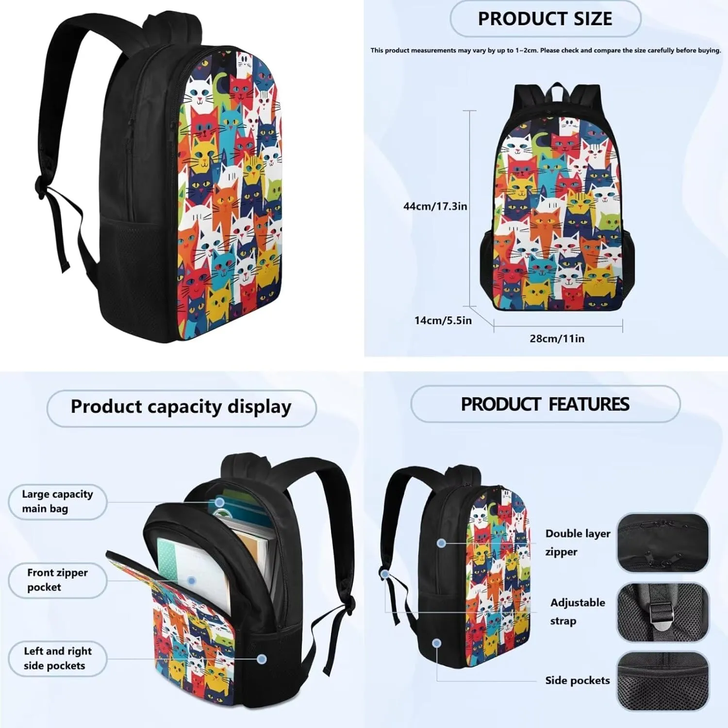 Cat Print Backpack for Teens Girls Grades 4 to 8 Large Capacity Bookbag for Girl Waterproof and Oil Proof Lunch Bag for Teen for Middle School High School
