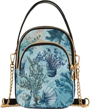 Chain Crossbody Bags for Women Blue Seaweed Coral Pattern Quilted Shoulder Handbags Travel Cross Body Cell Phone Purses Bags