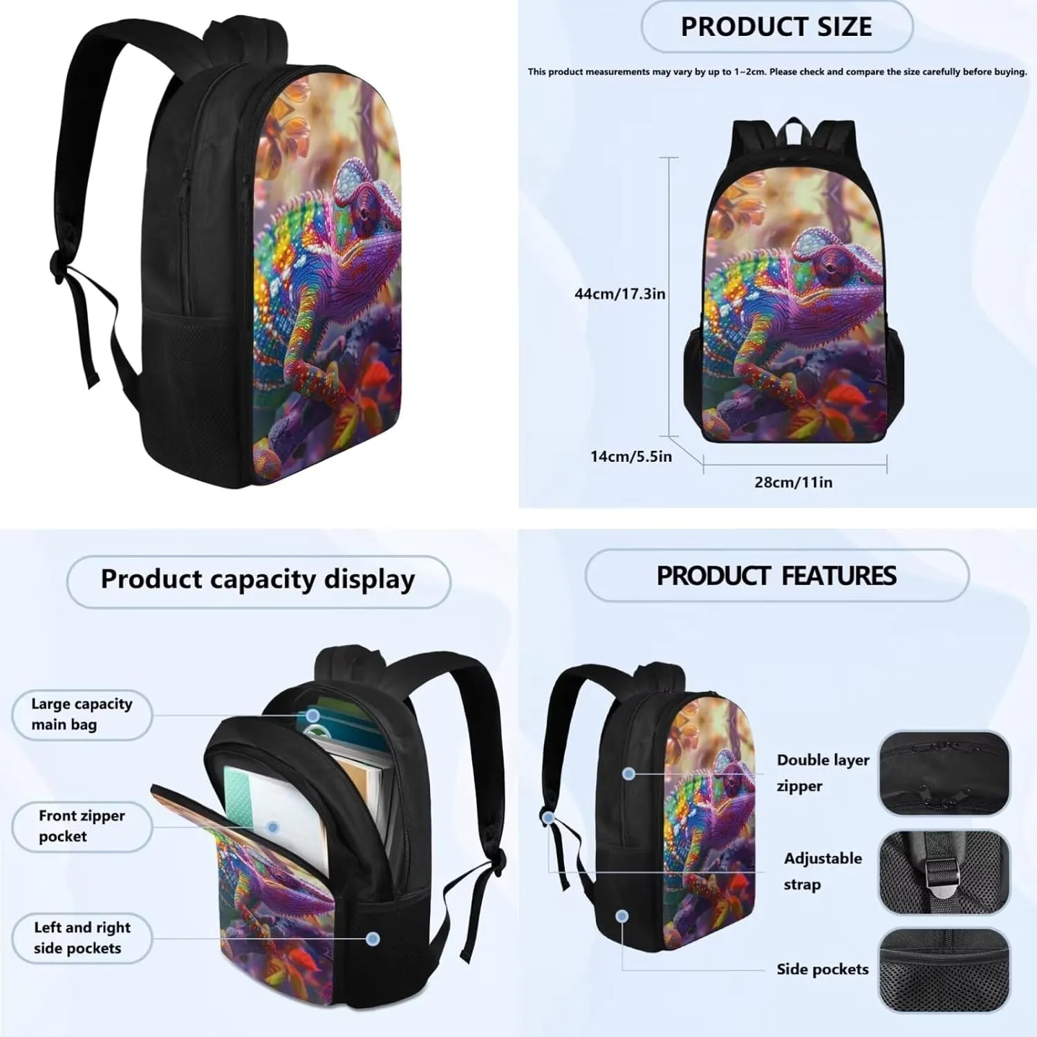 Chameleon Bookbag with Lunch Box Lightweight Dirt-resistant Girl School Bag Keep Warm Portable Foldable Lunch Containers for Girls Pencil Holder Pouch for School