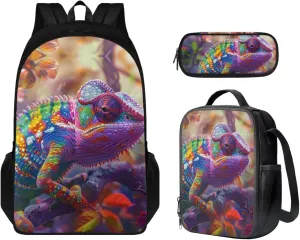 Chameleon Bookbag with Lunch Box Lightweight Dirt-resistant Girl School Bag Keep Warm Portable Foldable Lunch Containers for Girls Pencil Holder Pouch for School