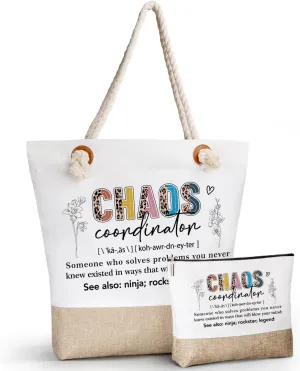 Chaos Coordinator Gifts for Women Tote Bag, Thank You Gifts for Women, Mom, Teacher, Coworker, Manager, Birthday Favors For Boss Lady-Beach Canvas Tote Bag with Makeup Bag