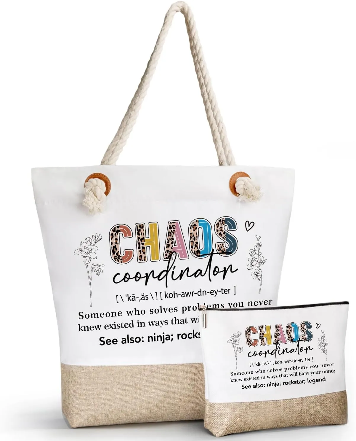 Chaos Coordinator Gifts for Women Tote Bag, Thank You Gifts for Women, Mom, Teacher, Coworker, Manager, Birthday Favors For Boss Lady-Beach Canvas Tote Bag with Makeup Bag