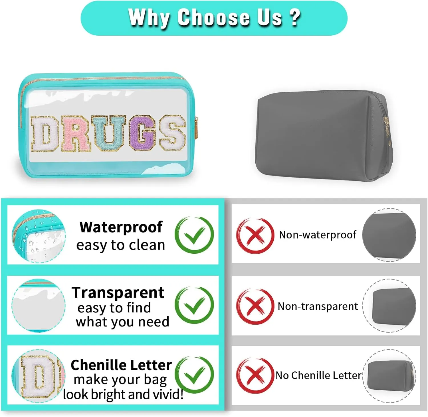 Chenille Letter Clear Makeup Bags Drugs Pouch, Preppy Patch Makeup Bag with Zipper, Transparent PVC & Nylon Waterproof Portable Glitter Cosmetic Bag Travel Toiletry Storage for Women Girl(DRUGS-Green)