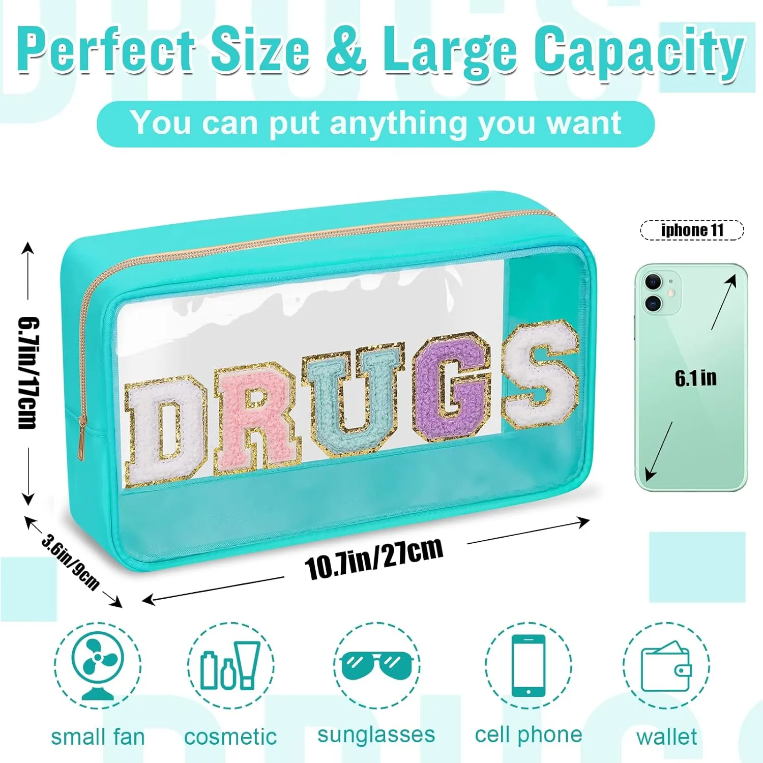 Chenille Letter Clear Makeup Bags Drugs Pouch, Preppy Patch Makeup Bag with Zipper, Transparent PVC & Nylon Waterproof Portable Glitter Cosmetic Bag Travel Toiletry Storage for Women Girl(DRUGS-Green)