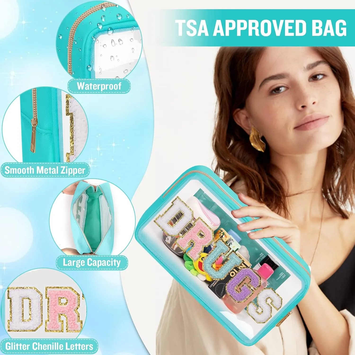 Chenille Letter Clear Makeup Bags Drugs Pouch, Preppy Patch Makeup Bag with Zipper, Transparent PVC & Nylon Waterproof Portable Glitter Cosmetic Bag Travel Toiletry Storage for Women Girl(DRUGS-Green)