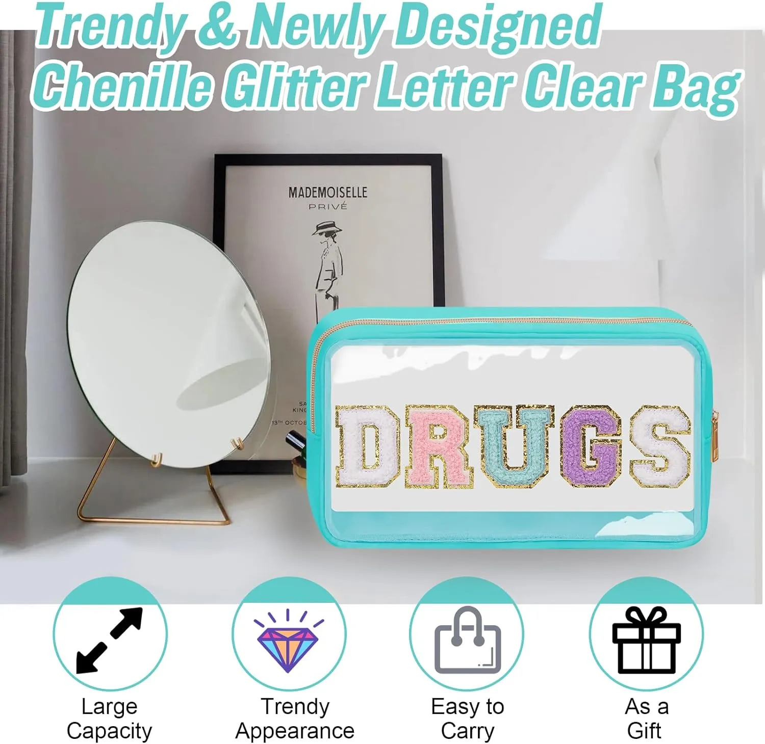 Chenille Letter Clear Makeup Bags Drugs Pouch, Preppy Patch Makeup Bag with Zipper, Transparent PVC & Nylon Waterproof Portable Glitter Cosmetic Bag Travel Toiletry Storage for Women Girl(DRUGS-Green)