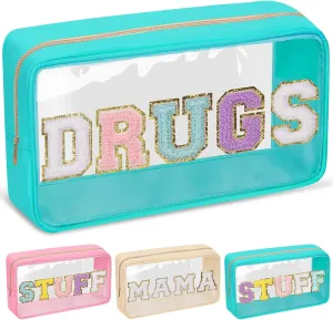 Chenille Letter Clear Makeup Bags Drugs Pouch, Preppy Patch Makeup Bag with Zipper, Transparent PVC & Nylon Waterproof Portable Glitter Cosmetic Bag Travel Toiletry Storage for Women Girl(DRUGS-Green)