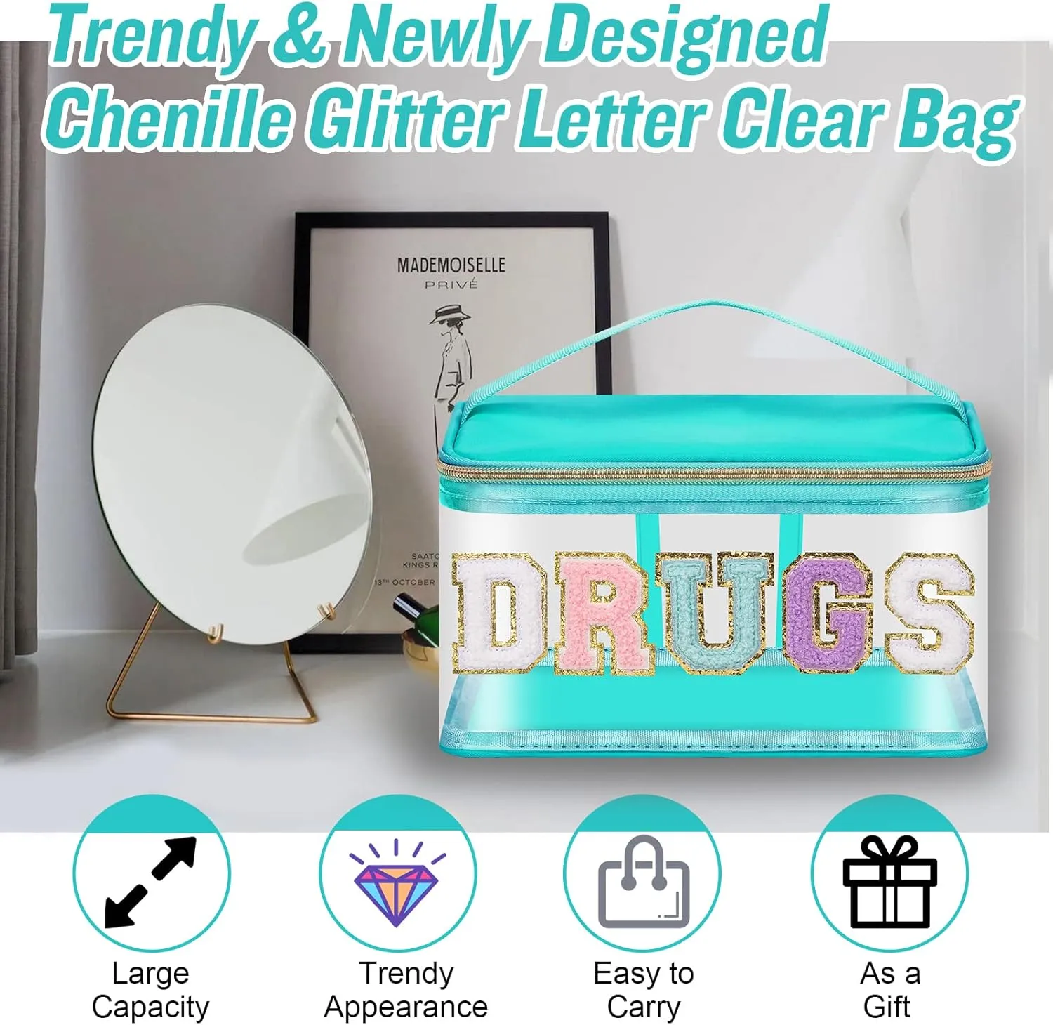 Chenille Letter Clear Makeup Bags Drugs Pouch, Preppy Patch Makeup Bag Zipper with Handle, Transparent PVC & Nylon Waterproof Glitter Cosmetic Handbag Travel Toiletry Storage for Women (DRUGS-Green)