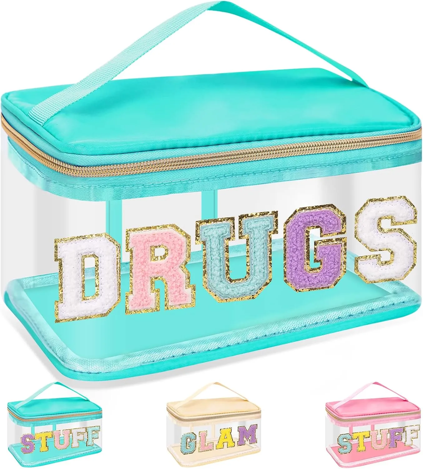 Chenille Letter Clear Makeup Bags Drugs Pouch, Preppy Patch Makeup Bag Zipper with Handle, Transparent PVC & Nylon Waterproof Glitter Cosmetic Handbag Travel Toiletry Storage for Women (DRUGS-Green)
