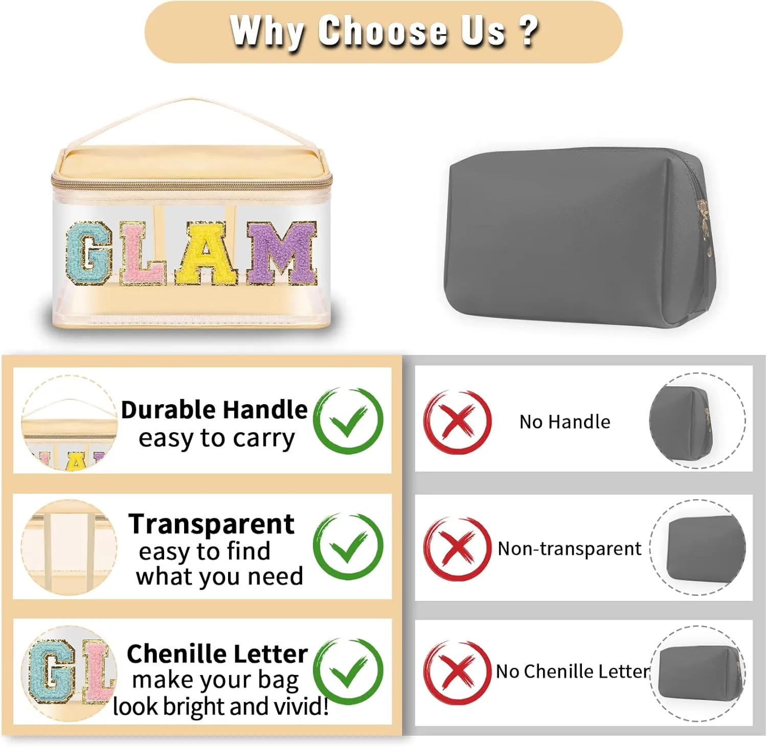 Chenille Letter Clear Makeup Bags Glam Pouch, Preppy Patch Makeup Bag Zipper with Handle, Transparent PVC & Nylon Waterproof Glitter Cosmetic Handbag Travel Toiletry Storage for Women Girl(GLAM-Beige)