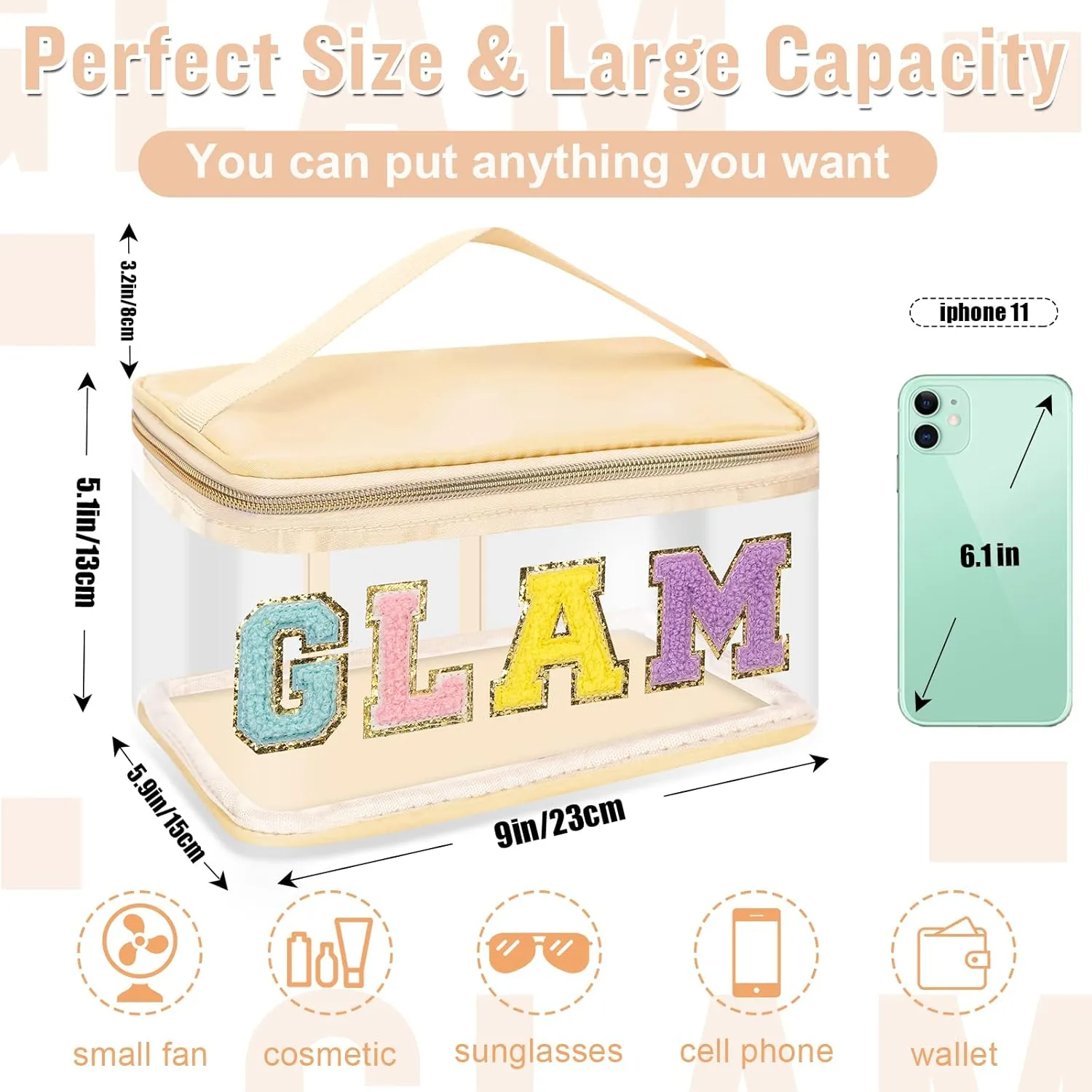 Chenille Letter Clear Makeup Bags Glam Pouch, Preppy Patch Makeup Bag Zipper with Handle, Transparent PVC & Nylon Waterproof Glitter Cosmetic Handbag Travel Toiletry Storage for Women Girl(GLAM-Beige)