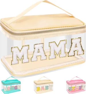 Chenille Letter Clear Makeup Bags Mama Pouch, Preppy Patch Makeup Bag Zipper with Handle, Transparent PVC & Nylon Waterproof Glitter Cosmetic Handbag Travel Toiletry Storage for Women Girl(MAMA-Beige)