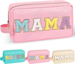 Chenille Letter Makeup Bag Mama Pouch, Nylon Preppy Patch Makeup Bag Small Travel Makeup Zipper Pouch Purse with Handle, Waterproof Portable Glitter Travel Toiletry Bag for Women Girls(MAMA-Pink)