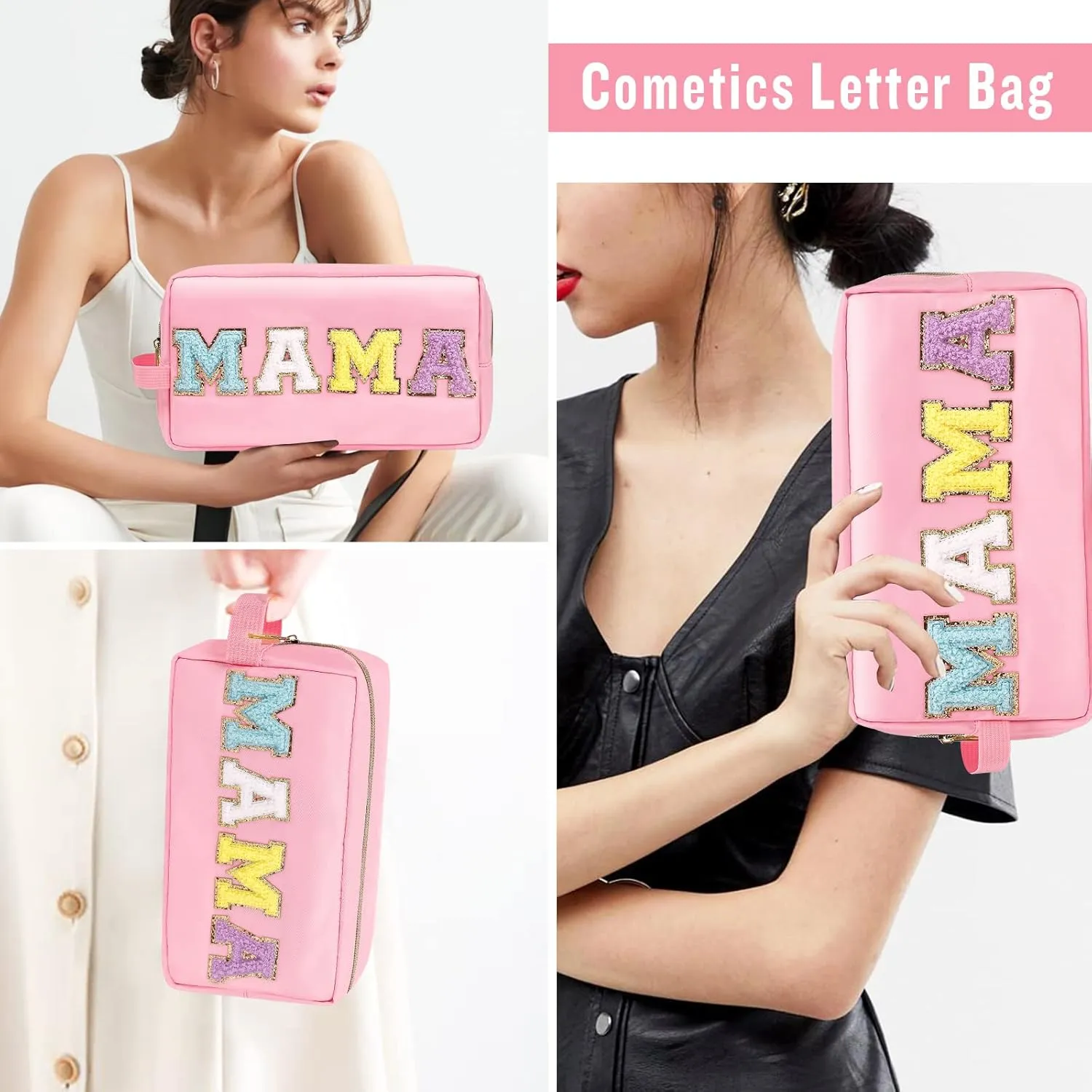 Chenille Letter Makeup Bag Mama Pouch, Nylon Preppy Patch Makeup Bag Small Travel Makeup Zipper Pouch Purse with Handle, Waterproof Portable Glitter Travel Toiletry Bag for Women Girls(MAMA-Pink)