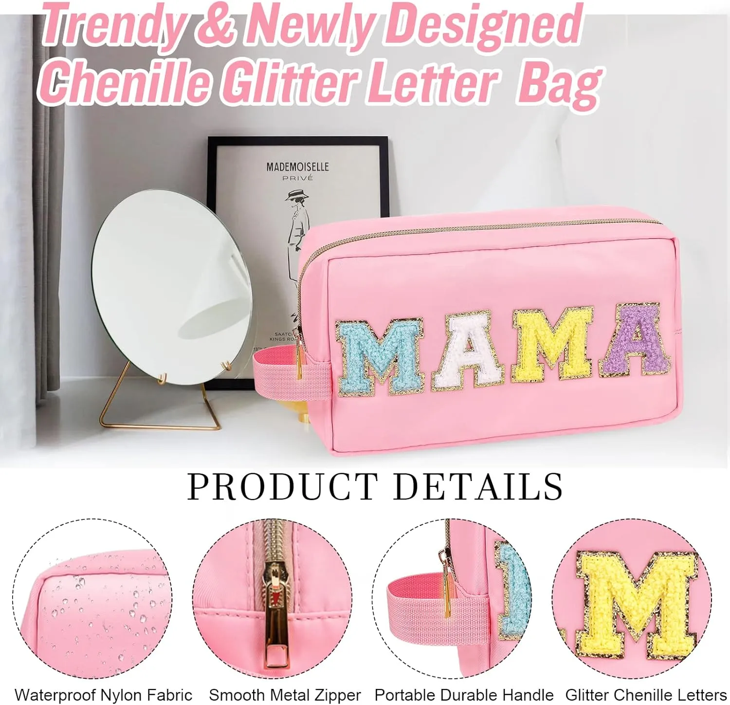 Chenille Letter Makeup Bag Mama Pouch, Nylon Preppy Patch Makeup Bag Small Travel Makeup Zipper Pouch Purse with Handle, Waterproof Portable Glitter Travel Toiletry Bag for Women Girls(MAMA-Pink)