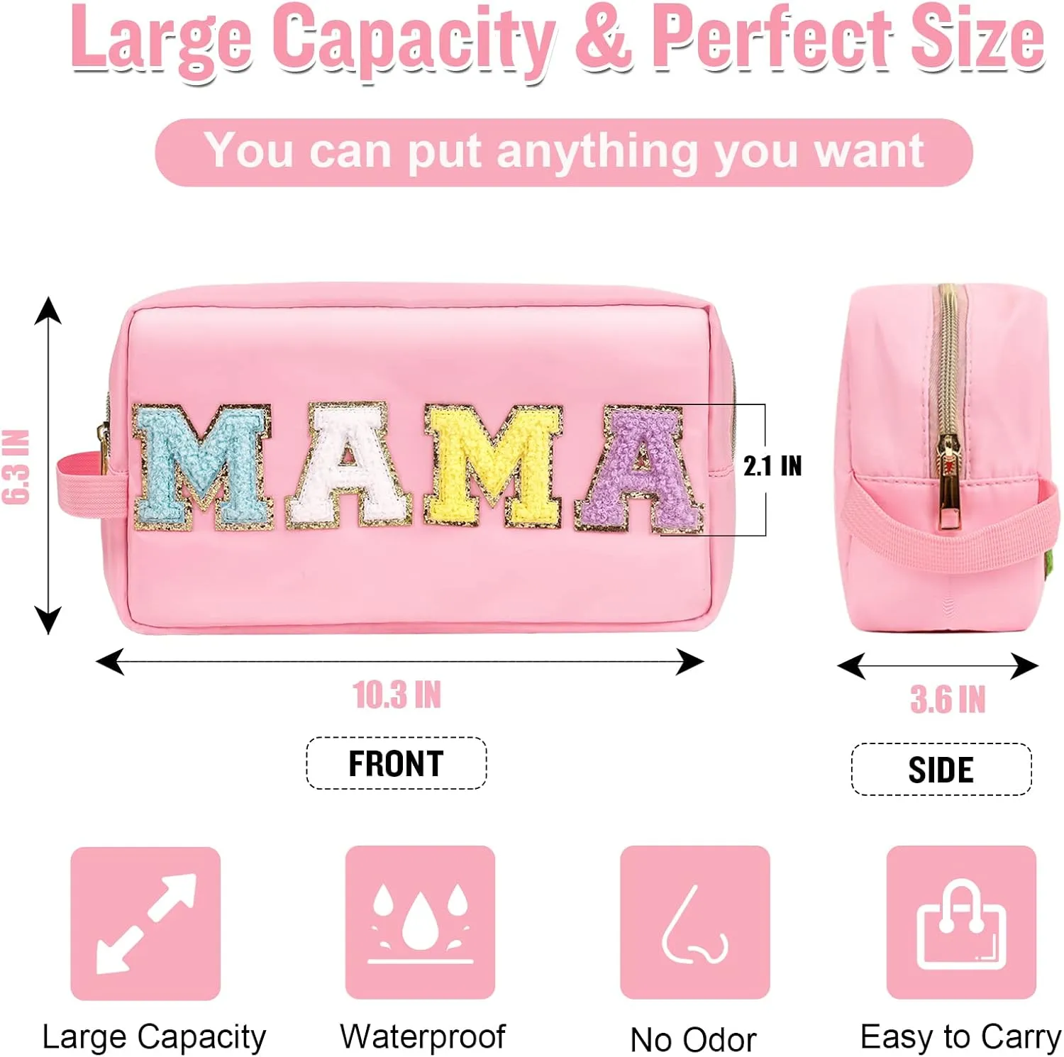Chenille Letter Makeup Bag Mama Pouch, Nylon Preppy Patch Makeup Bag Small Travel Makeup Zipper Pouch Purse with Handle, Waterproof Portable Glitter Travel Toiletry Bag for Women Girls(MAMA-Pink)