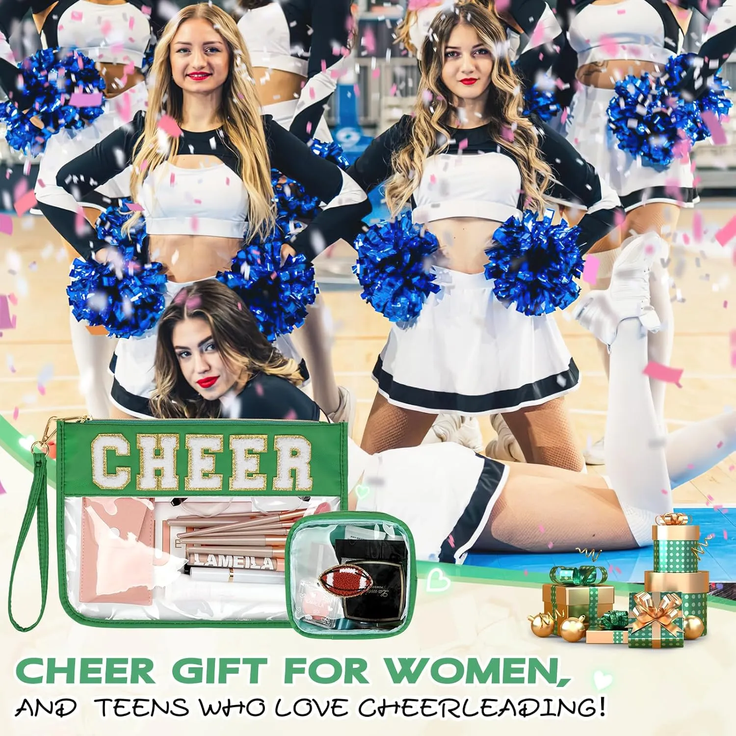 Chenille Letter Zipper Pouch for Travel & Cheer Gifts - Waterproof Cosmetic & Snack Bags (Green-Cheer)