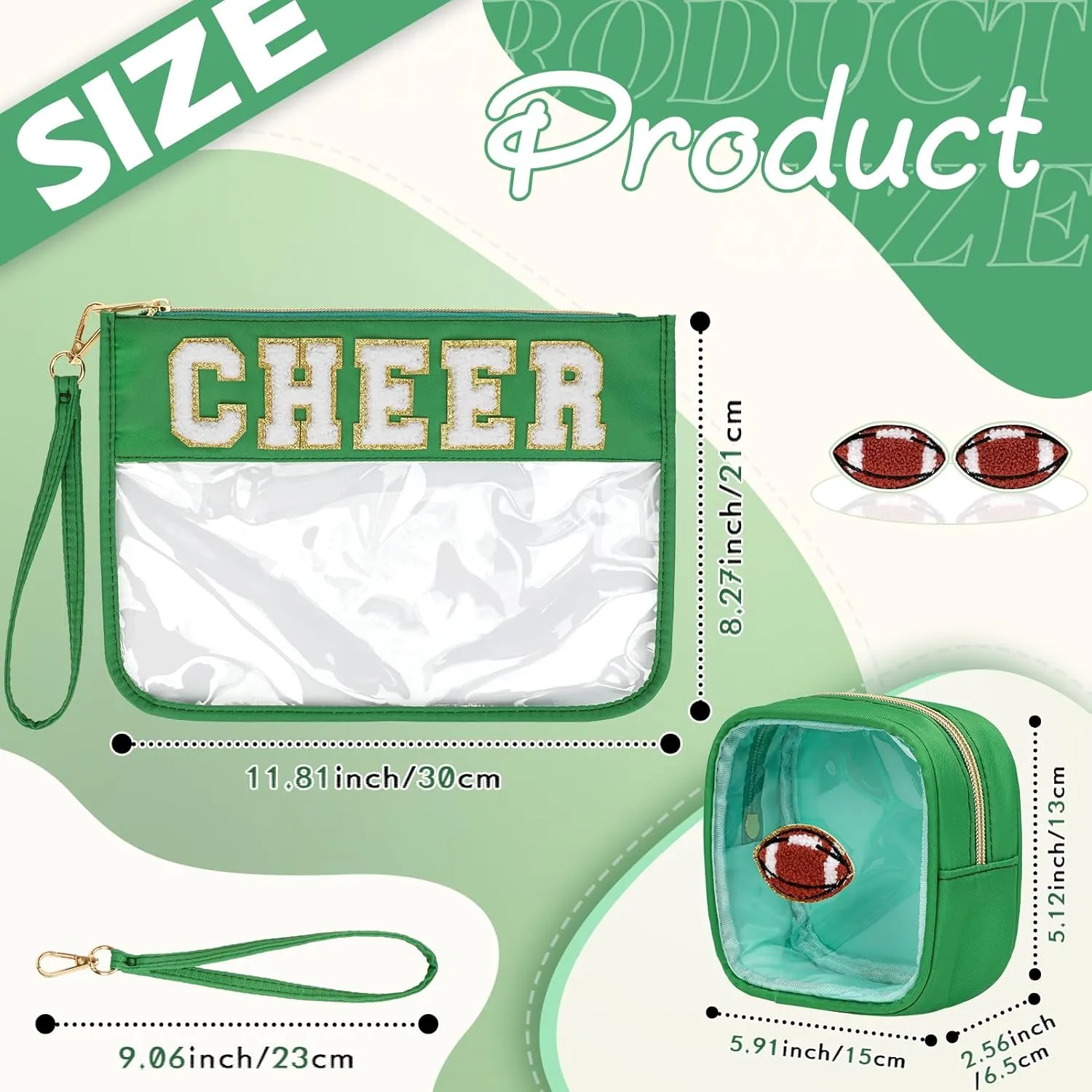 Chenille Letter Zipper Pouch for Travel & Cheer Gifts - Waterproof Cosmetic & Snack Bags (Green-Cheer)