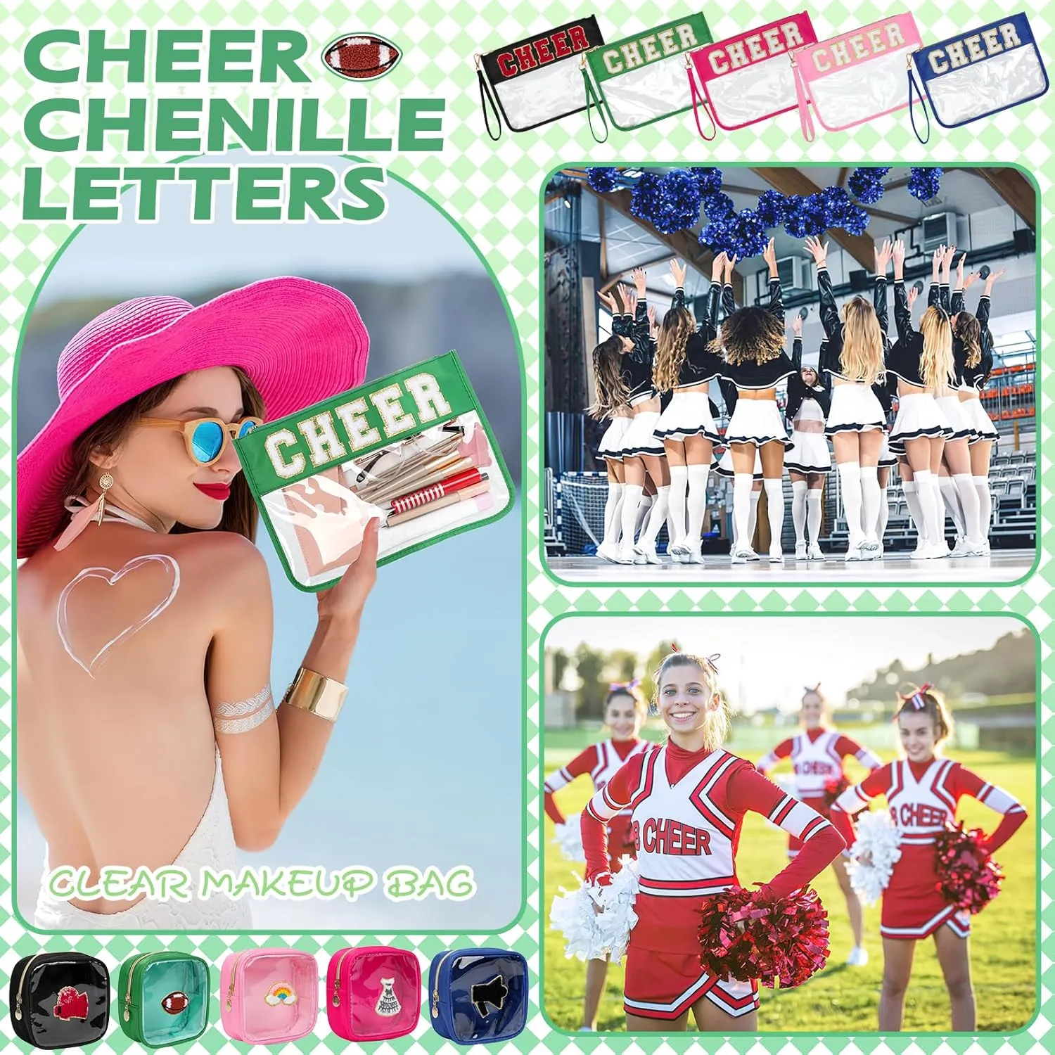 Chenille Letter Zipper Pouch for Travel & Cheer Gifts - Waterproof Cosmetic & Snack Bags (Green-Cheer)