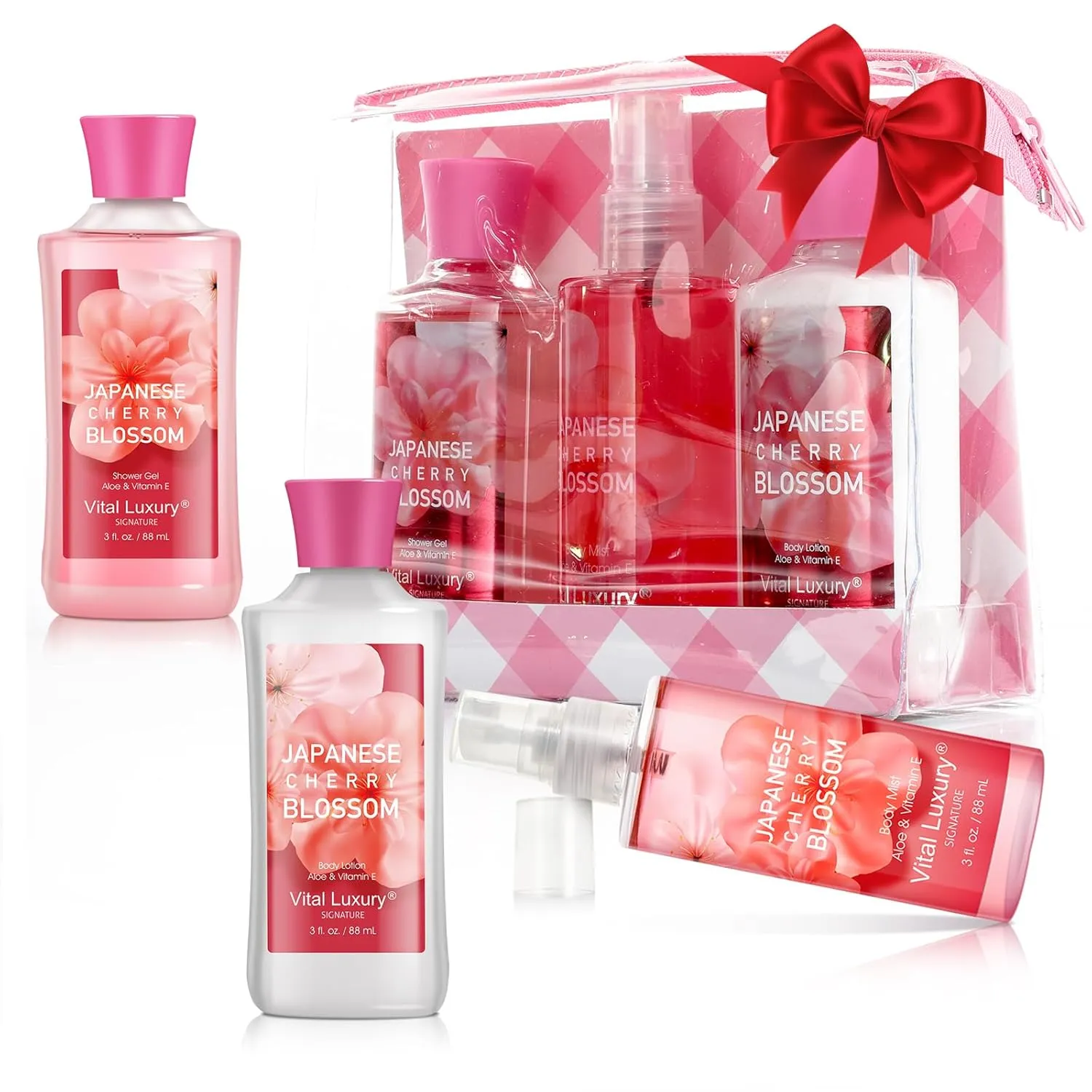 Cherry Blossom Spa Gift Set, Bath and Body Care Collection,3-Piece Travel Set with Shower Gel, Lotion, Body Mist