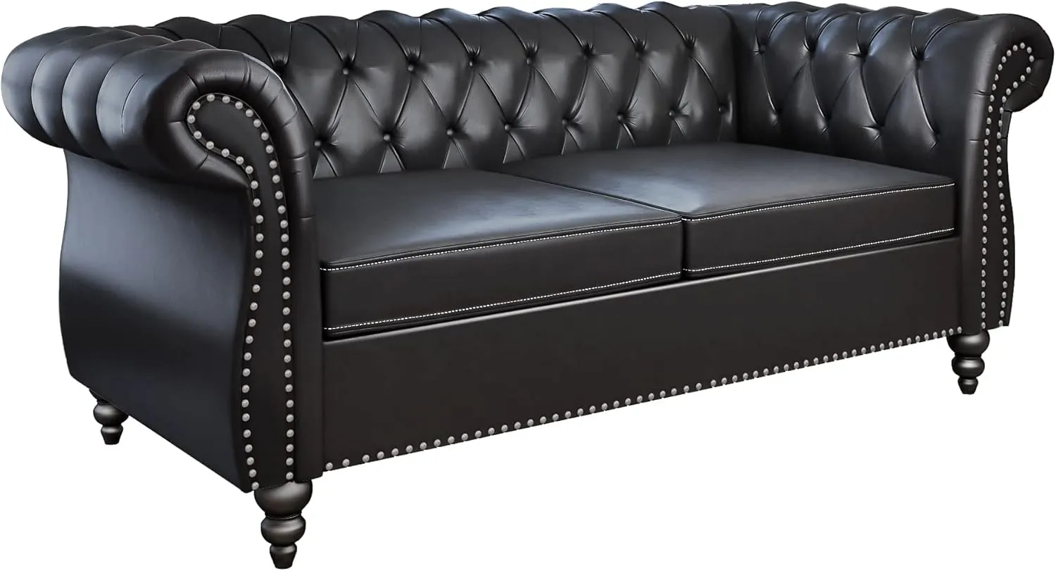 Chesterfield Loveseat, Modern Leather Sofa Tufted Couch 2 Seater with Rolled Arms and Nailhead for Living Room, Bedroom, Office, Apartment (Black)