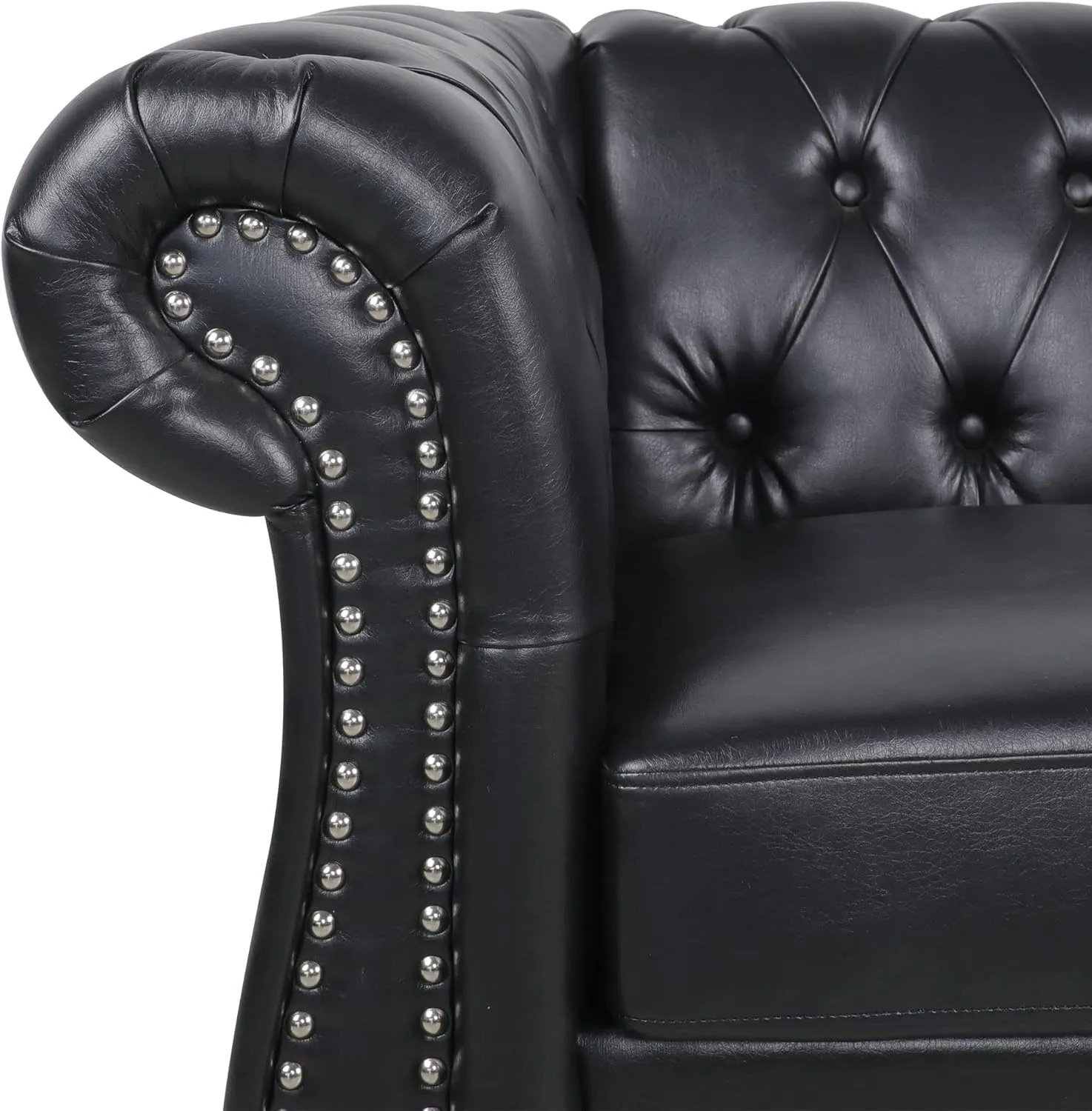 Chesterfield Loveseat, Modern Leather Sofa Tufted Couch 2 Seater with Rolled Arms and Nailhead for Living Room, Bedroom, Office, Apartment (Black)