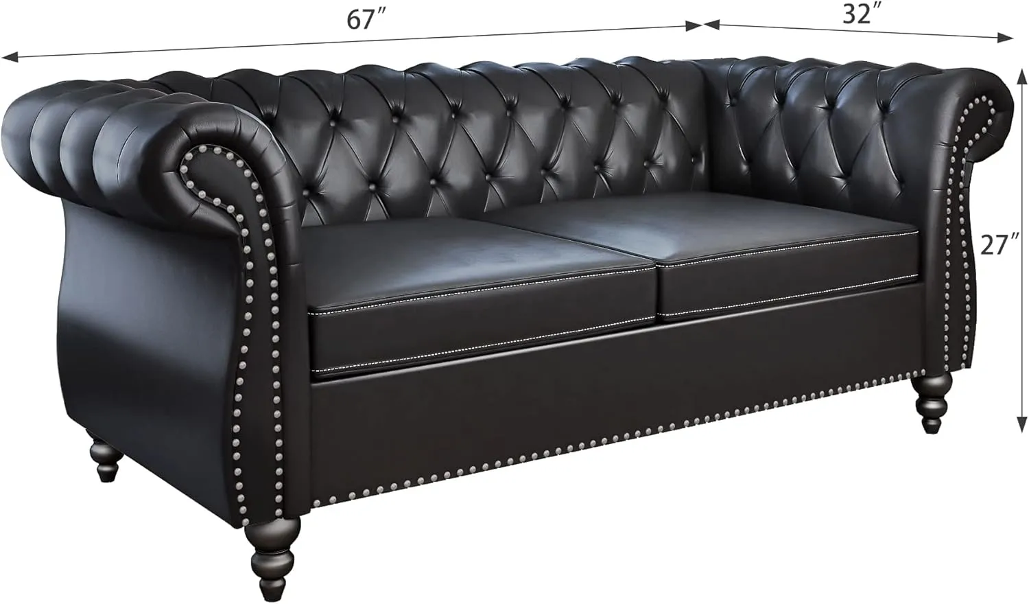 Chesterfield Loveseat, Modern Leather Sofa Tufted Couch 2 Seater with Rolled Arms and Nailhead for Living Room, Bedroom, Office, Apartment (Black)