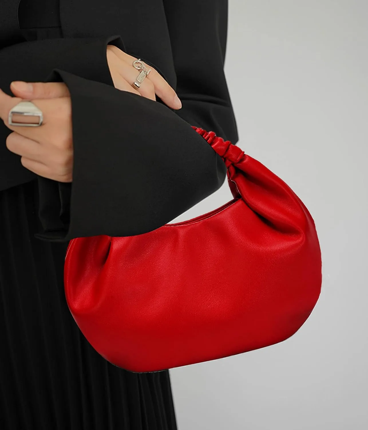 Chic Top Handle Bag for Women Small Ruched Hobo Handbag Soft Faux Leather Tote Bags Purse