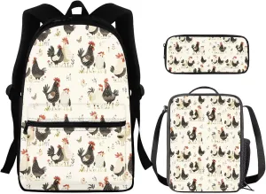 Chicken Backpack for Girls 6-8 Fashion Backpack Set Large Capacity School Bag Portable Thermal Meal Prep Container Mini Pen Case 3 in 1