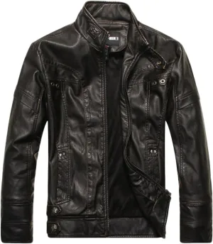 chouyatou Men's Vintage Stand Collar Pu Leather Jacket