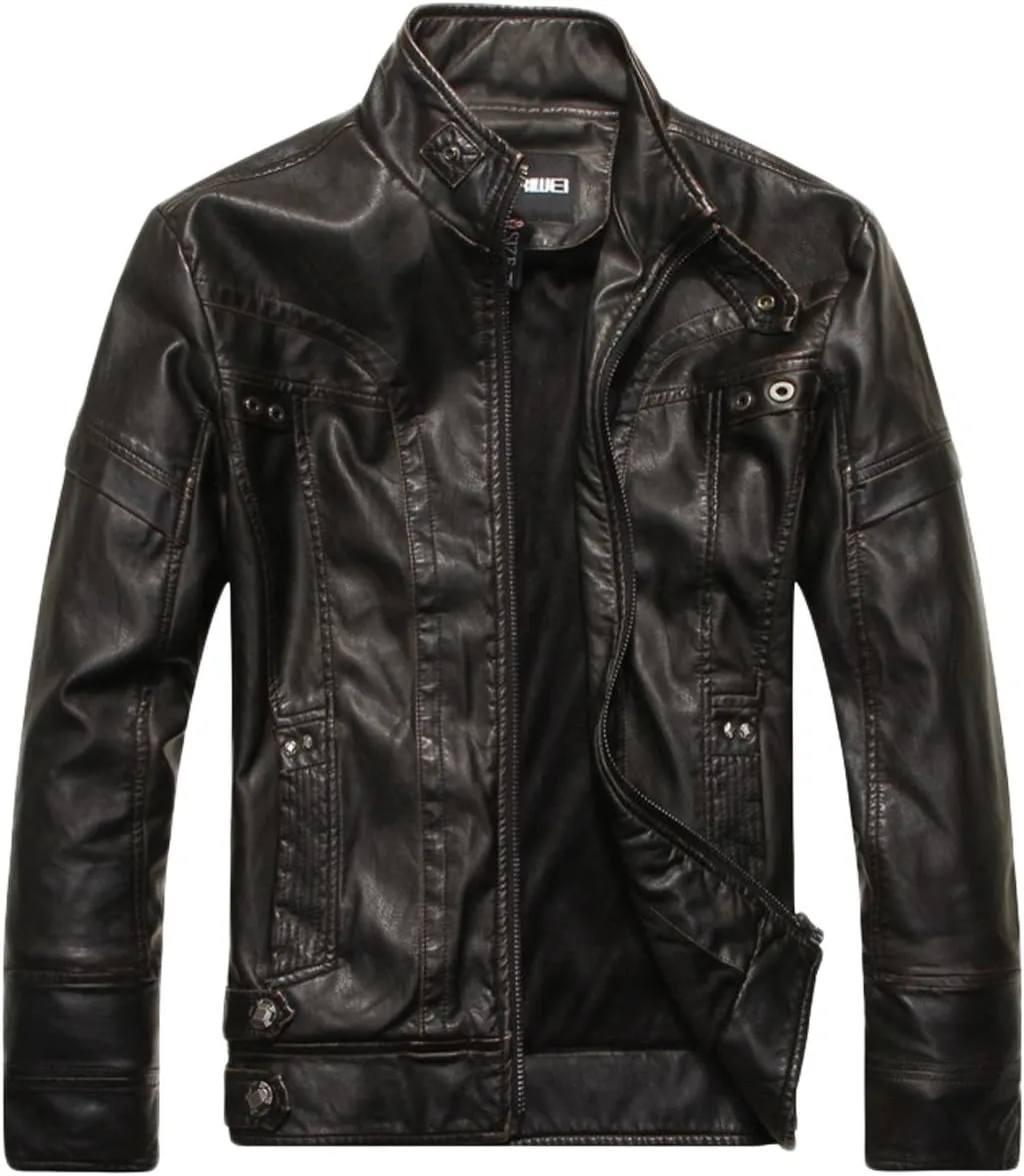chouyatou Men's Vintage Stand Collar Pu Leather Jacket