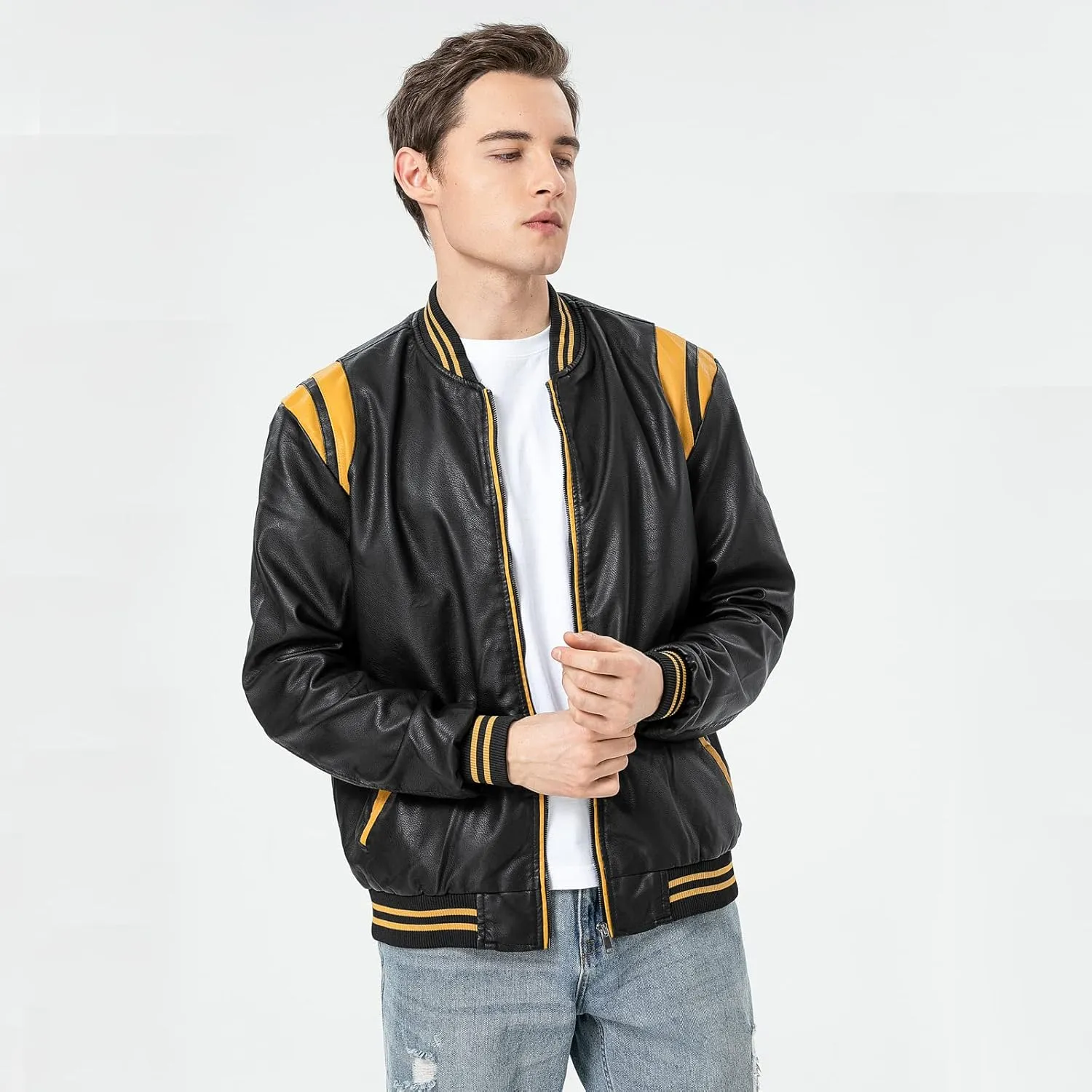 chuida Mens Stand Collar leather jacket Motorcycle Lightweight leather jacket men Faux Leather Bomber Casual Outwear