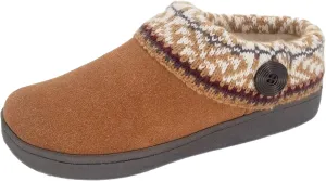 Clarks Womens Suede Leather Comfort Clog Knitted Collar Slipper - Plush Faux Fur Trim - Indoor Outdoor House Slippers For Women (Fairisle Brown 11M)