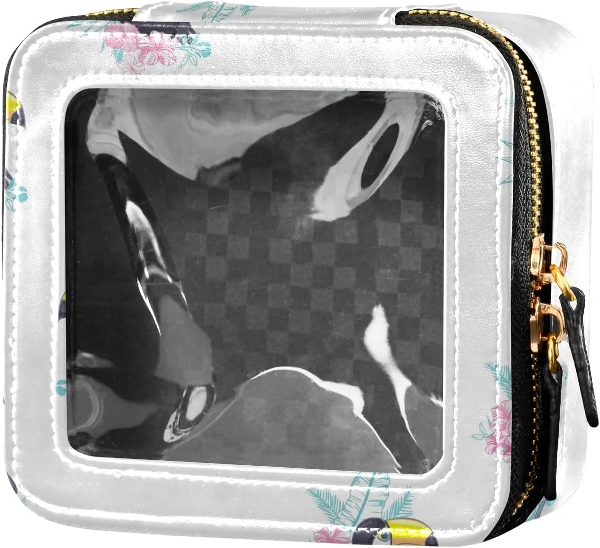 Clear Makeup Bag Mini Travel Cosmetic Case Transparent Toiletry Bag with Zipper, Portable Make Up Bag Leather Makeup Pouch for Women-Toucans Exotic Leaves