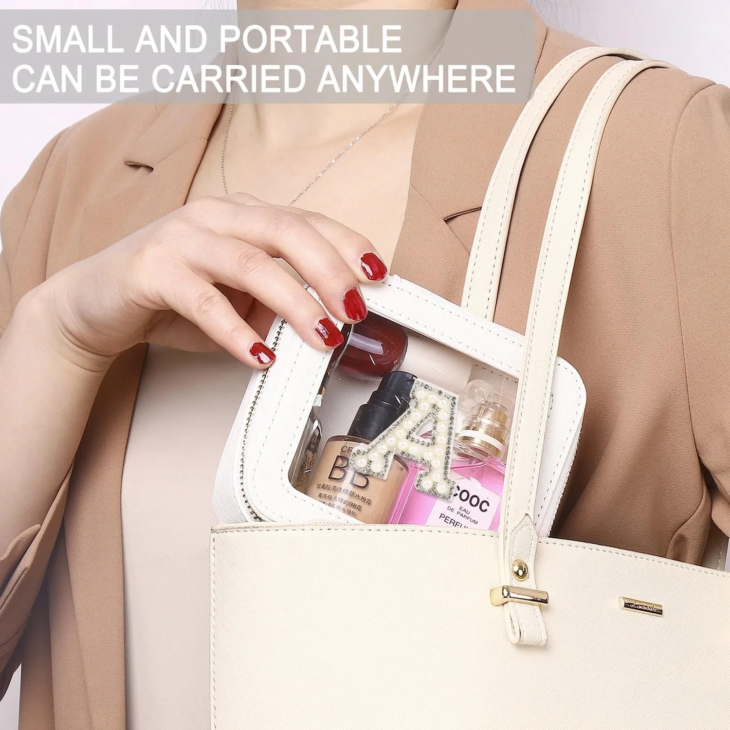 Clear Mini Makeup Bag Personalized Initial Cosmetic Bag Small Makeup Case & Toiletry Bag Birthday Gift for Women (A, Mini/White)