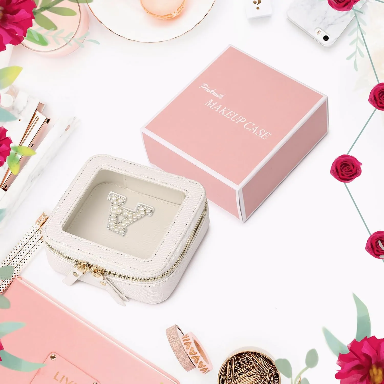 Clear Mini Makeup Bag Personalized Initial Cosmetic Bag Small Makeup Case & Toiletry Bag Birthday Gift for Women (A, Mini/White)