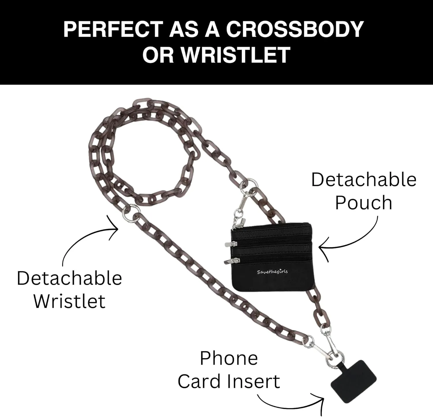 Clip and Go Phone Chain with Pouch (Black - Black Pouch) – Stylish Phone Lanyard Crossbody with Wallet for Women, Hands-Free Carrying and Adjustable Crossbody Chain Strap