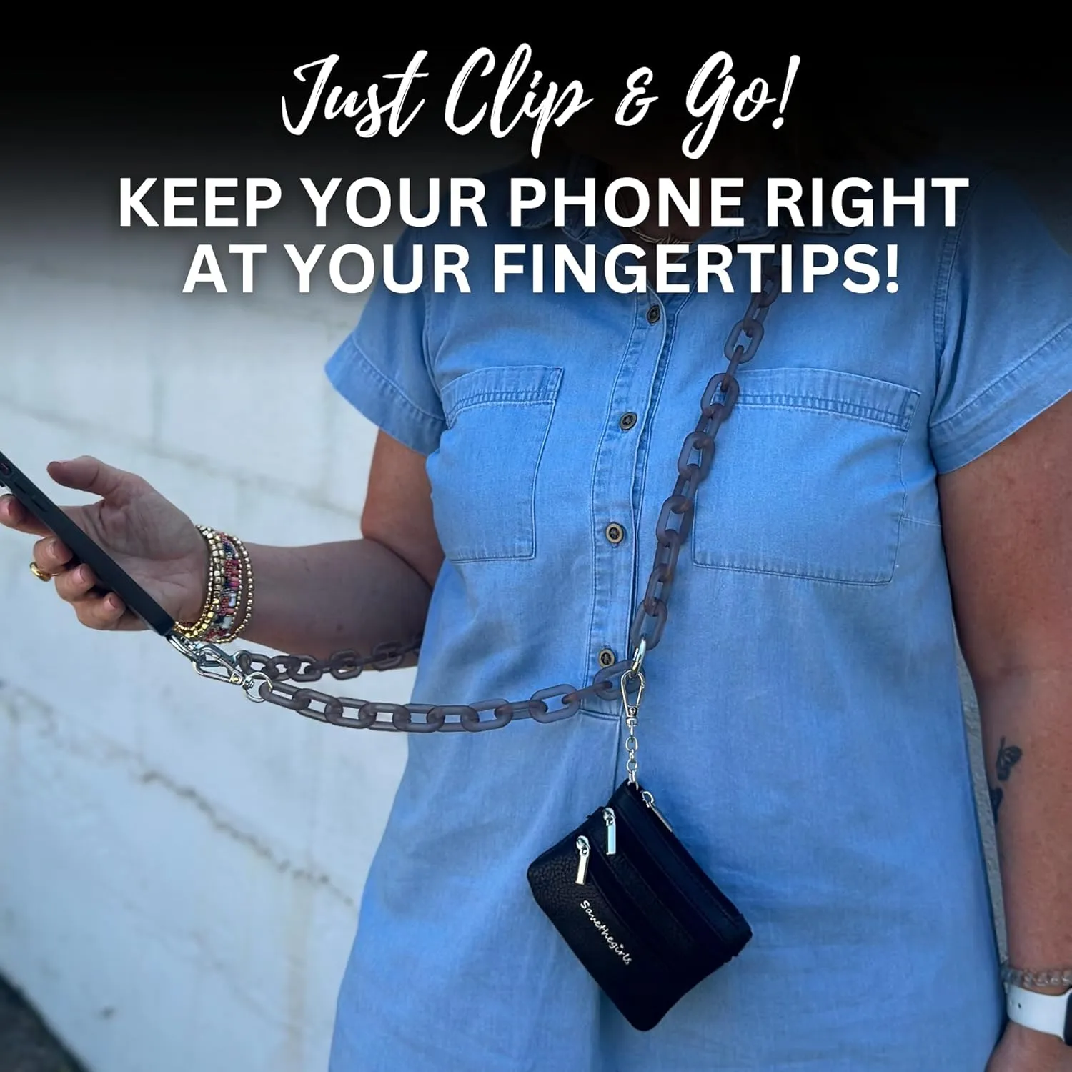 Clip and Go Phone Chain with Pouch (Black - Black Pouch) – Stylish Phone Lanyard Crossbody with Wallet for Women, Hands-Free Carrying and Adjustable Crossbody Chain Strap