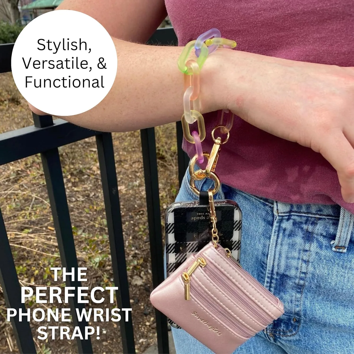 Clip and Go Phone Chain with Pouch (Rainbow - Pink Pouch) – Stylish Phone Lanyard Crossbody with Wallet for Women, Hands-Free Carrying and Adjustable Crossbody Chain Strap