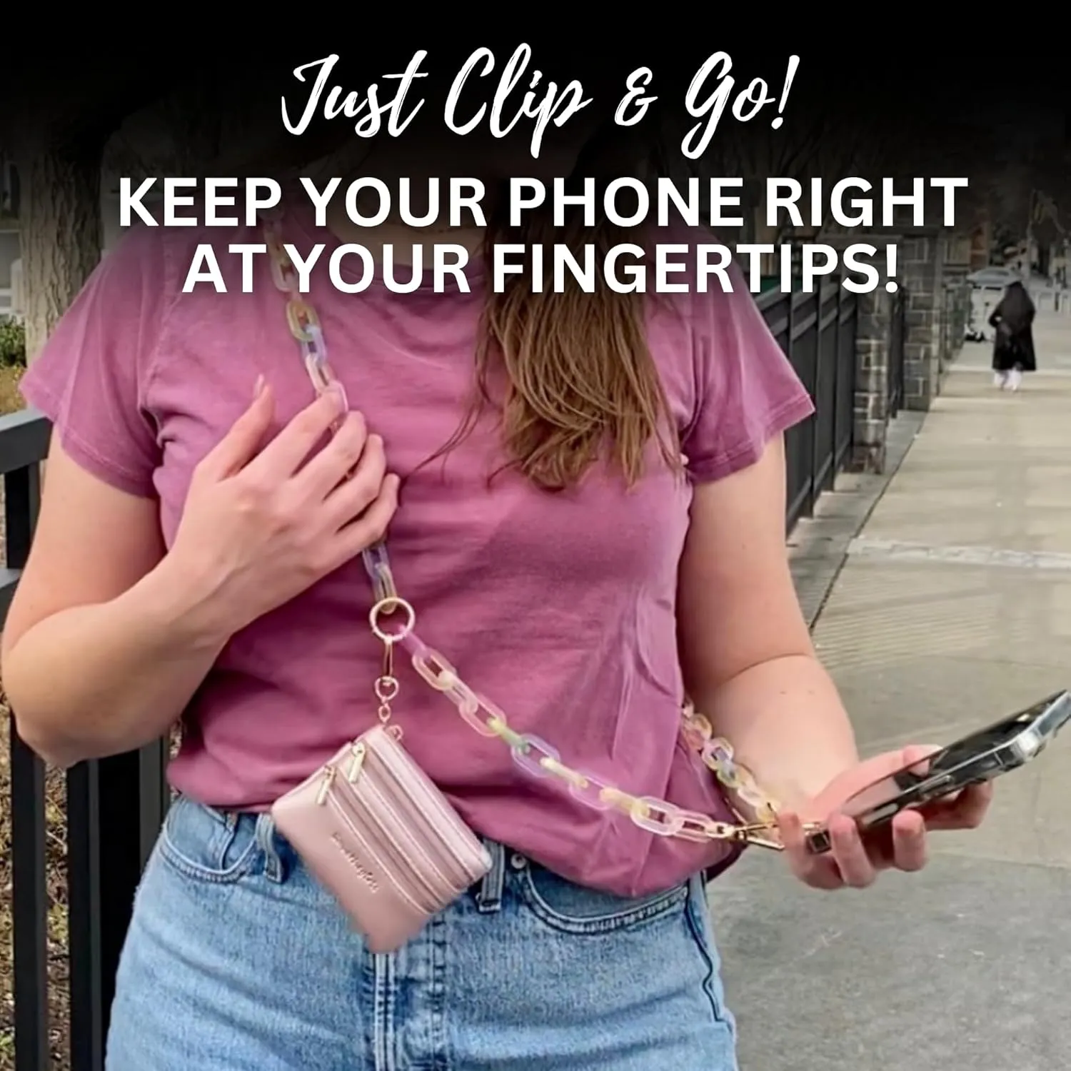 Clip and Go Phone Chain with Pouch (Rainbow - Pink Pouch) – Stylish Phone Lanyard Crossbody with Wallet for Women, Hands-Free Carrying and Adjustable Crossbody Chain Strap